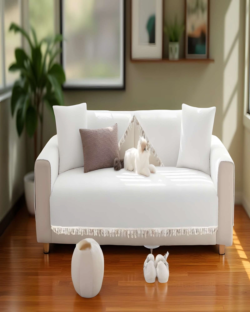 FUNDA DE SOFA DE 5 PIEZAS CON FLECOS BLANCO - 4