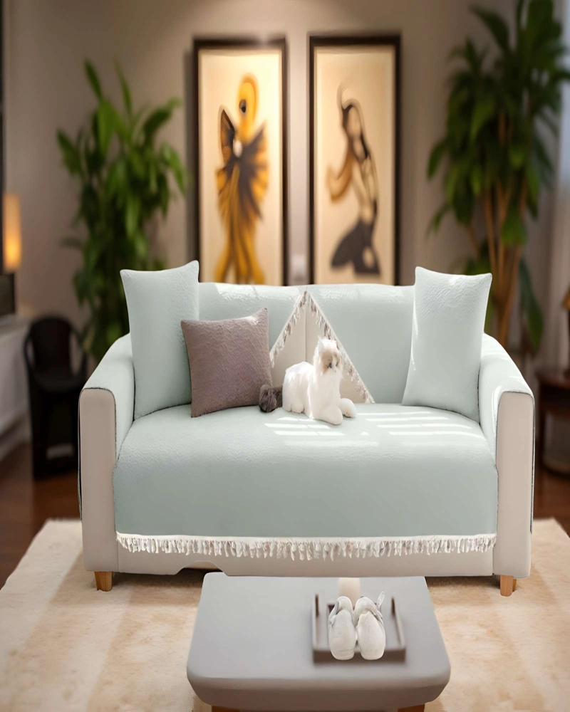 FUNDA DE SOFA DE 5 PIEZAS CON FLECOS VERDE MENTA - 4