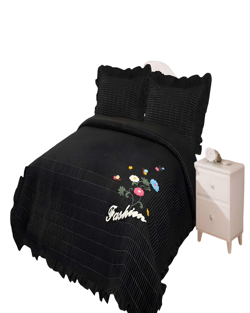 QUILT CUBRECAMA DE VERANO CON FLORES BORDADAS 2 PLAZAS NEGRO - 1