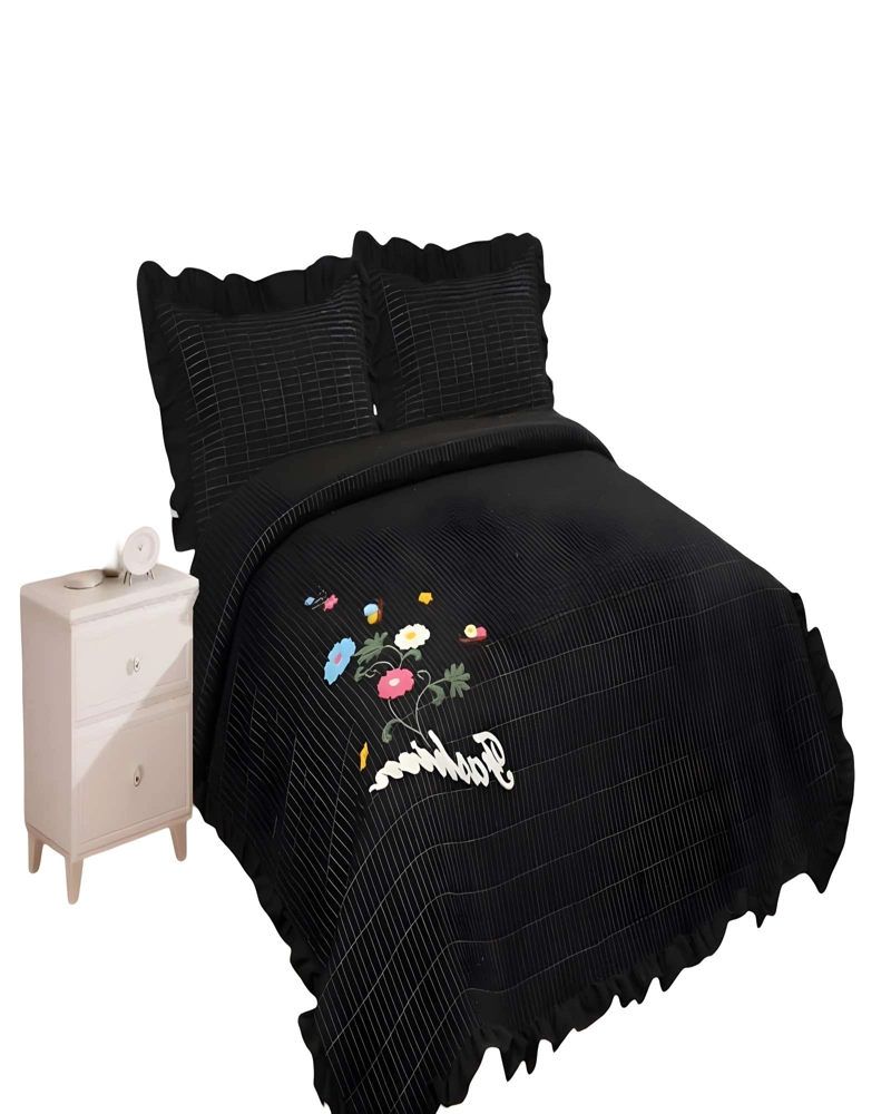 QUILT CUBRECAMA DE VERANO CON FLORES BORDADAS 2 PLAZAS NEGRO - 2
