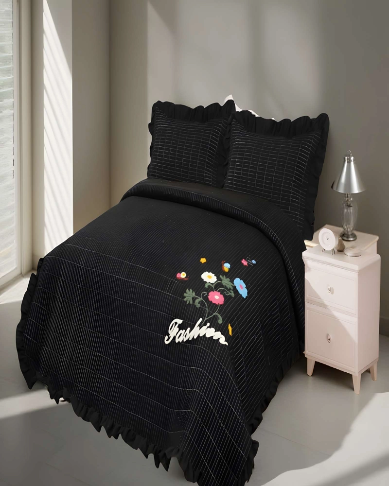 QUILT CUBRECAMA DE VERANO CON FLORES BORDADAS 2 PLAZAS NEGRO - 3