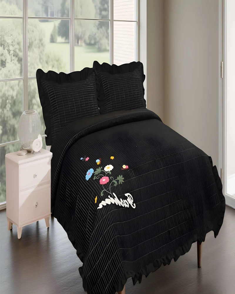 QUILT CUBRECAMA DE VERANO CON FLORES BORDADAS 2 PLAZAS NEGRO - 4