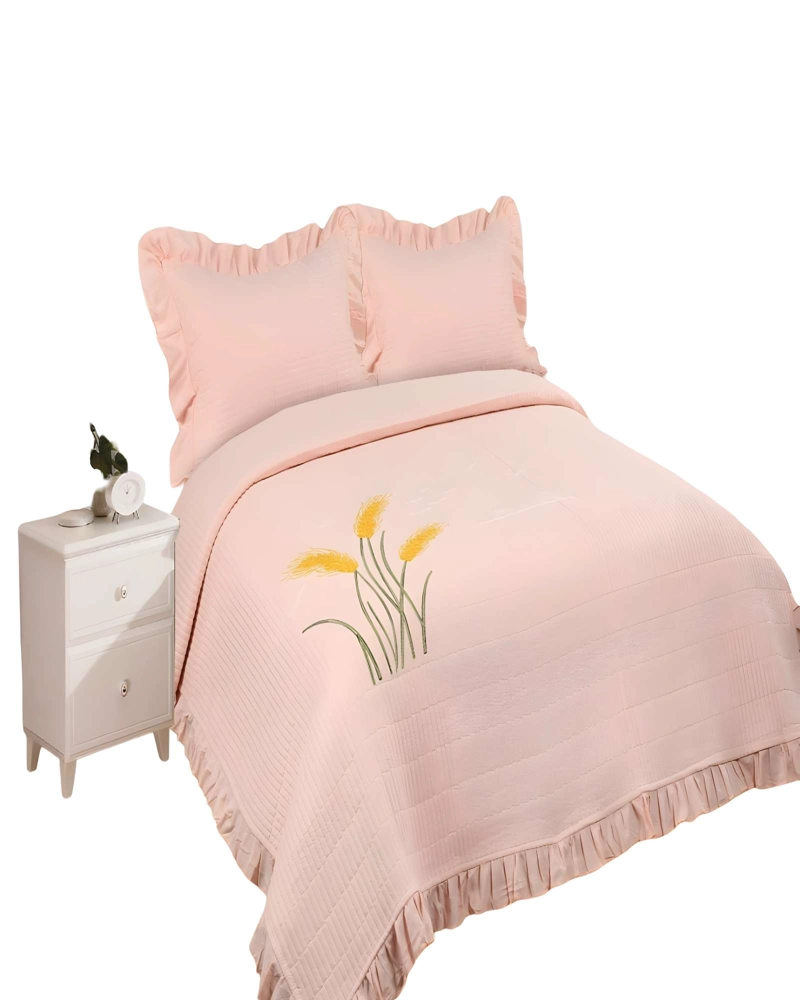 QUILT CUBRECAMA DE VERANO CON FLORES BORDADAS 2 PLAZAS BEIGE 2 - 1