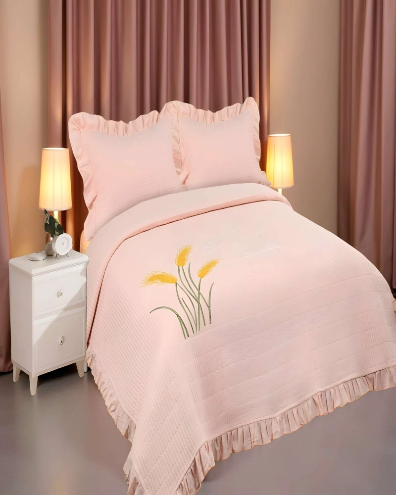 QUILT CUBRECAMA DE VERANO CON FLORES BORDADAS 2 PLAZAS BEIGE 2 - 3