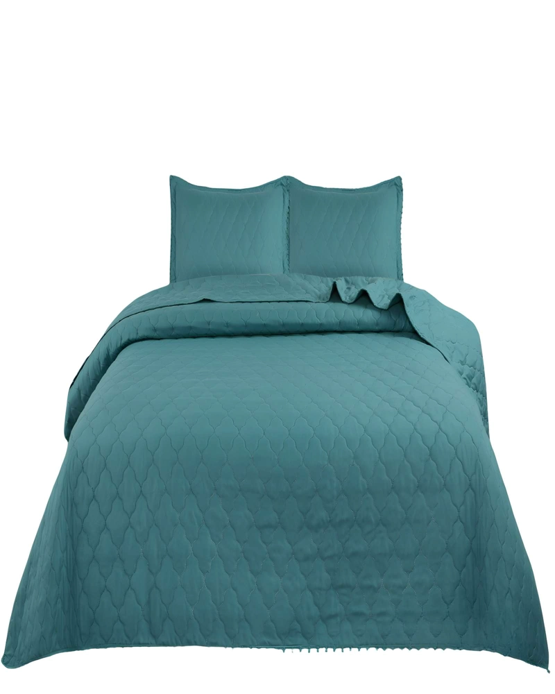 QUILT CUBRECAMA DE VERANO CON POMPONES PLAZA Y MEDIA TURQUESA - 1