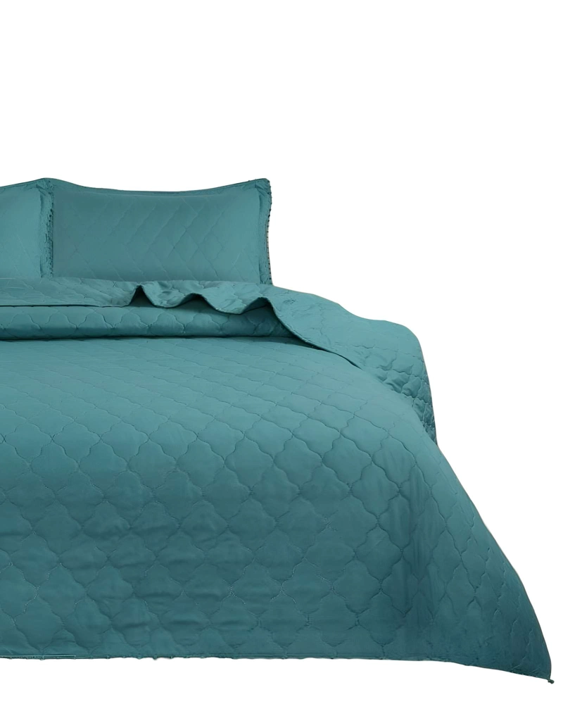 QUILT CUBRECAMA DE VERANO CON POMPONES PLAZA Y MEDIA TURQUESA - 2