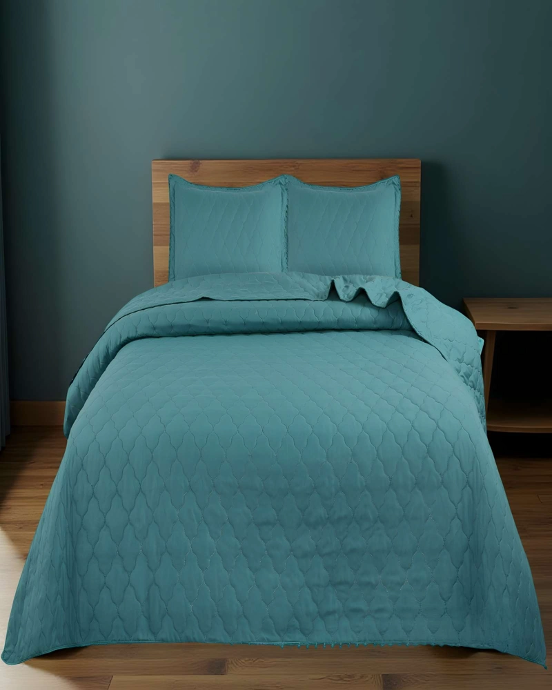 QUILT CUBRECAMA DE VERANO CON POMPONES PLAZA Y MEDIA TURQUESA - 4