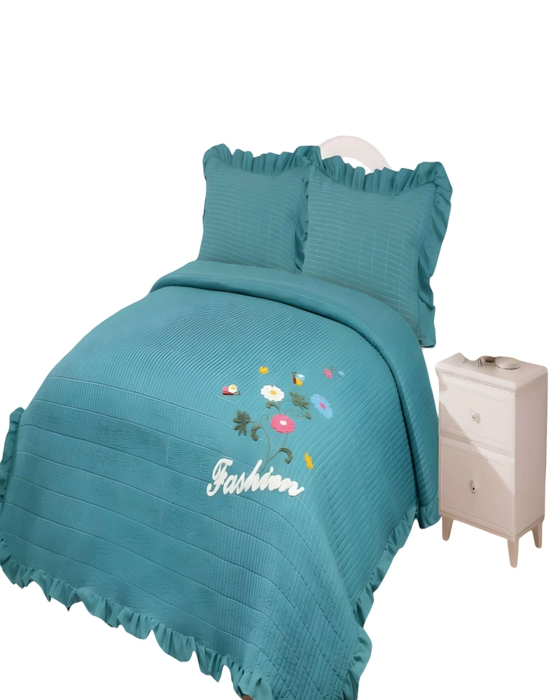QUILT CUBRECAMA DE VERANO CON FLORES BORDADAS 2 PLAZAS TURQUESA - 1