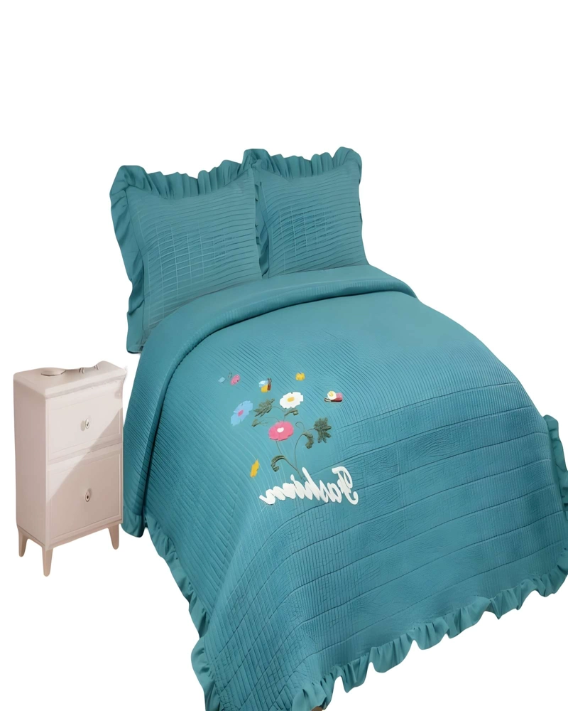 QUILT CUBRECAMA DE VERANO CON FLORES BORDADAS 2 PLAZAS TURQUESA - 2