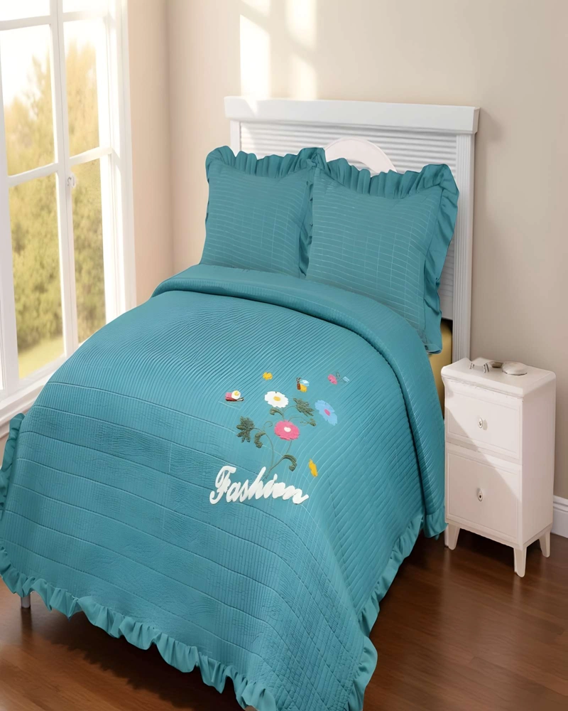 QUILT CUBRECAMA DE VERANO CON FLORES BORDADAS 2 PLAZAS TURQUESA - 3