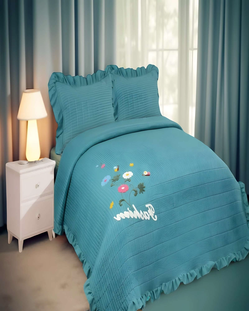 QUILT CUBRECAMA DE VERANO CON FLORES BORDADAS 2 PLAZAS TURQUESA - 4