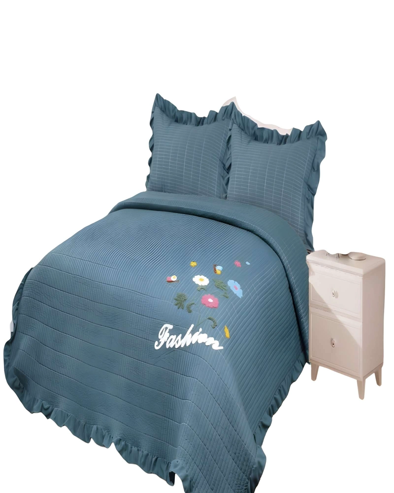 QUILT CUBRECAMA DE VERANO CON FLORES BORDADAS 2 PLAZAS GRIS O - 1
