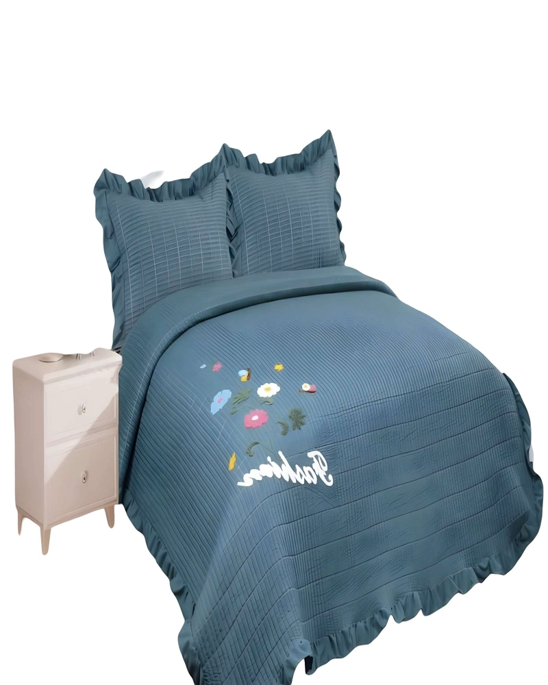 QUILT CUBRECAMA DE VERANO CON FLORES BORDADAS 2 PLAZAS GRIS O - 2