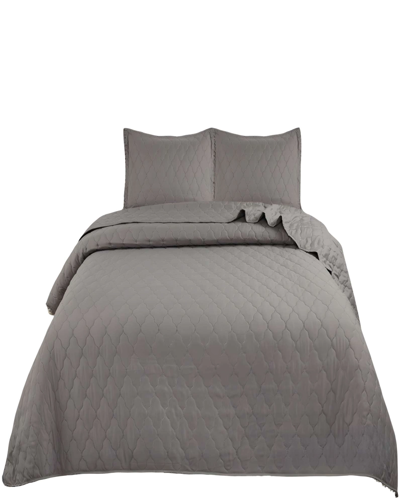 QUILT CUBRECAMA DE VERANO CON POMPONES PLAZA Y MEDIA GRIS - 1