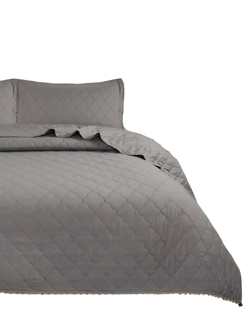 QUILT CUBRECAMA DE VERANO CON POMPONES PLAZA Y MEDIA GRIS - 2