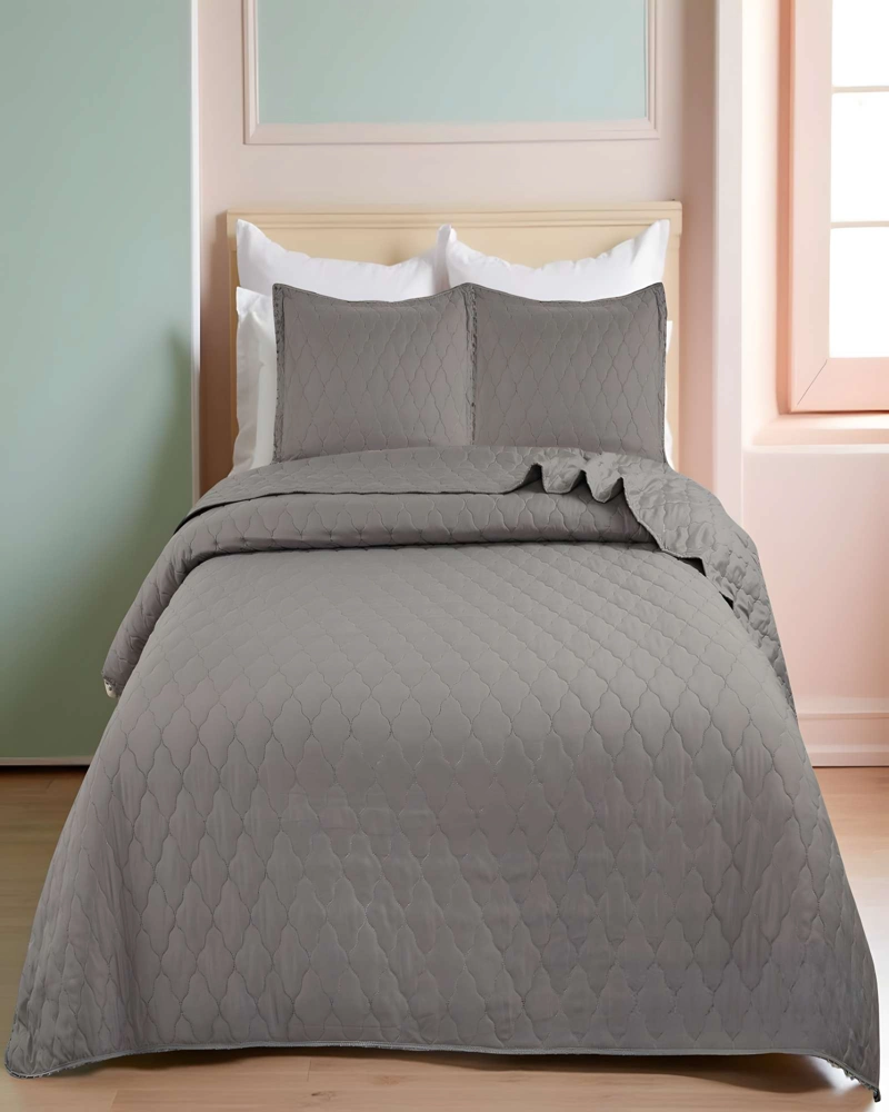 QUILT CUBRECAMA DE VERANO CON POMPONES PLAZA Y MEDIA GRIS - 4