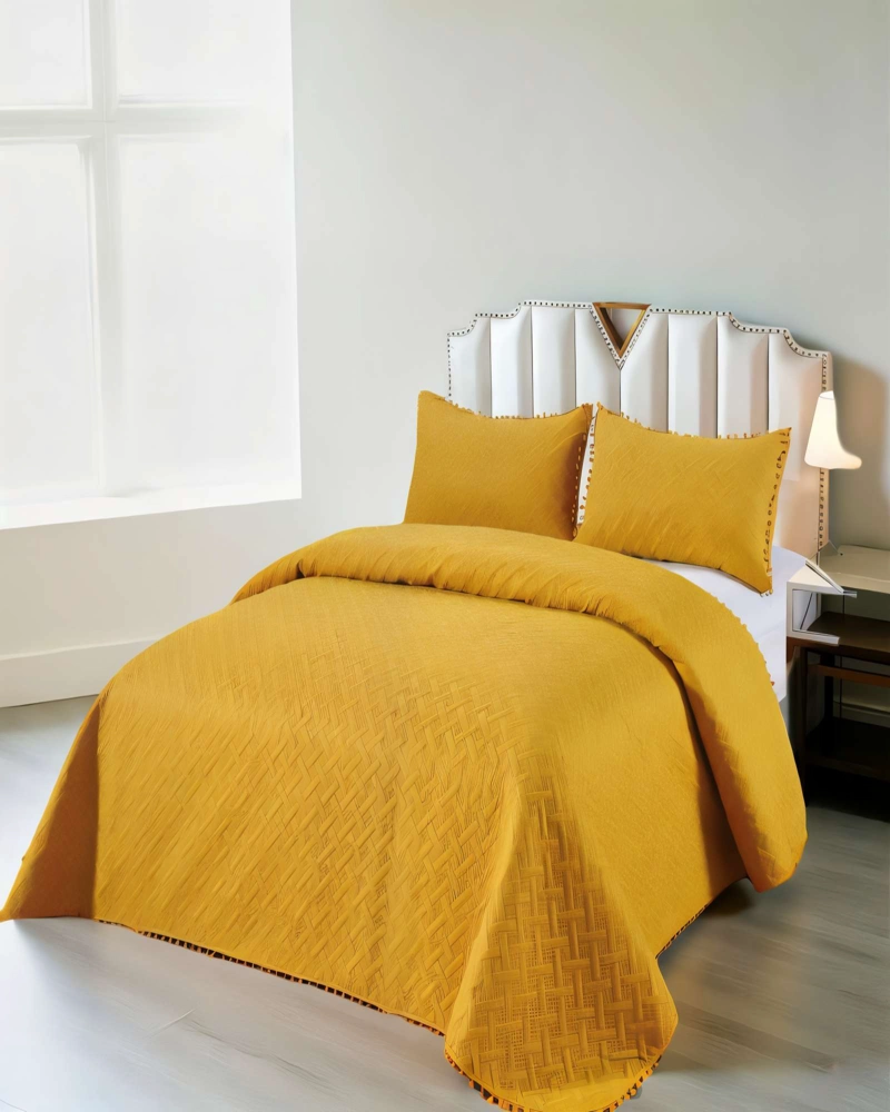 CUBRECAMA DE VERANO UNICOLOR CON POMPON KING COLOR AMARILLO - 3