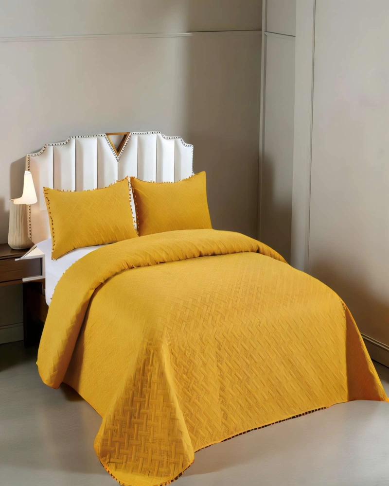 CUBRECAMA DE VERANO UNICOLOR CON POMPON KING COLOR AMARILLO - 4