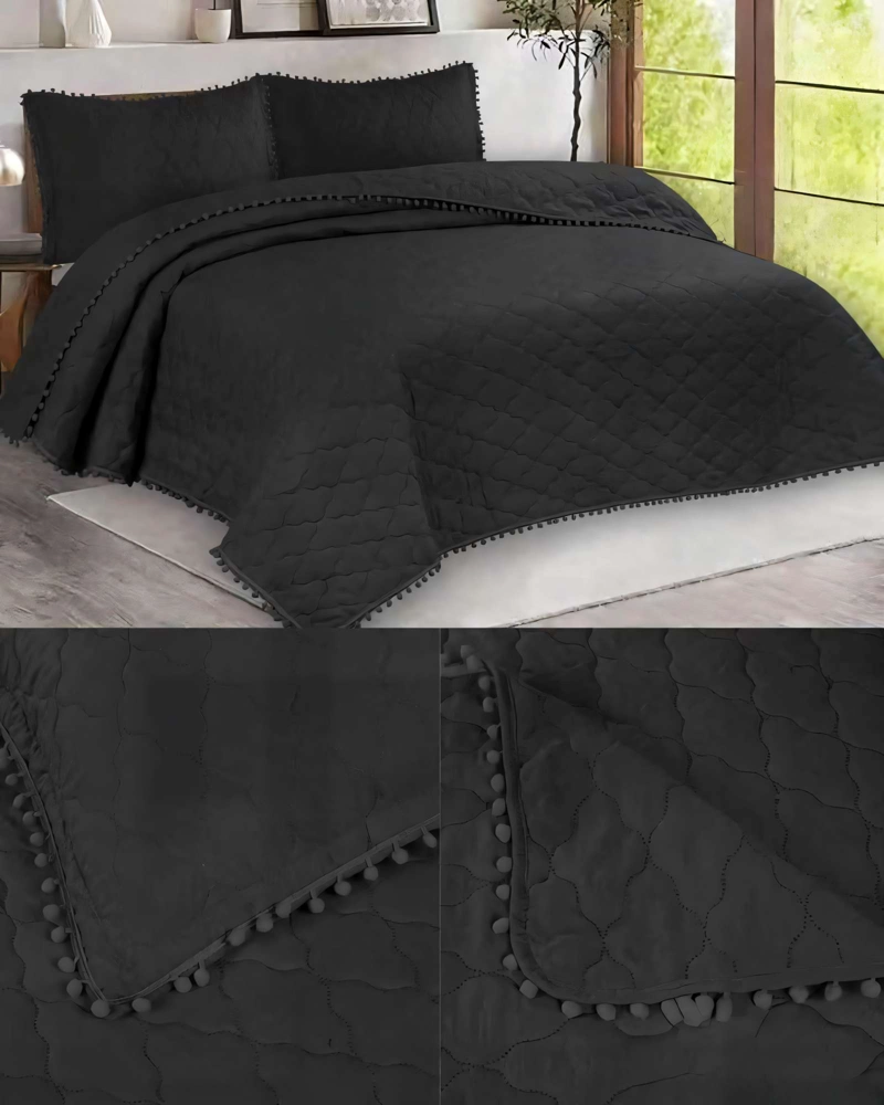 CUBRECAMA 1,5 PLAZA CON DETALLES DE POMPONES COLOR NEGRO - 4