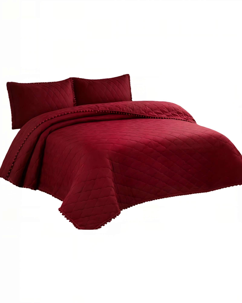 CUBRECAMA 1,5 PLAZA CON DETALLES DE POMPONES COLOR ROJO - 1