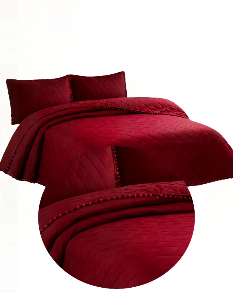 CUBRECAMA 1,5 PLAZA CON DETALLES DE POMPONES COLOR ROJO - 2