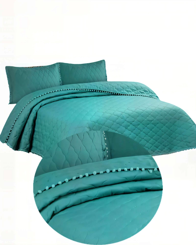CUBRECAMA 1,5 PLAZA CON DETALLES DE POMPONES COLOR VERDE - 2