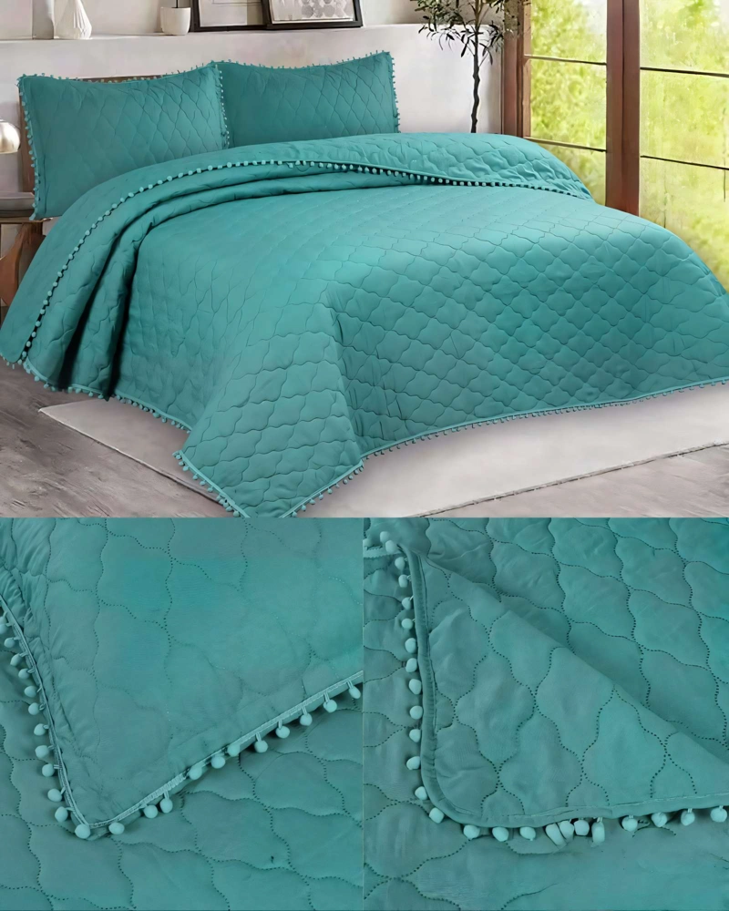 CUBRECAMA 1,5 PLAZA CON DETALLES DE POMPONES COLOR VERDE - 4
