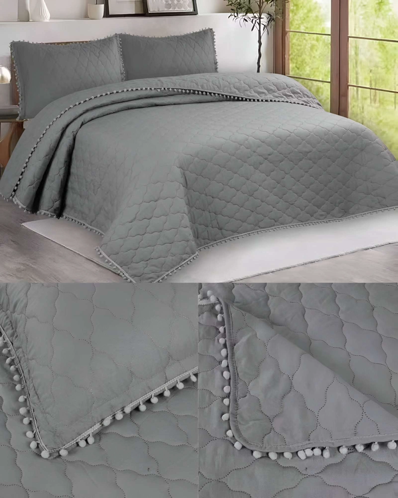 CUBRECAMA 2 PLAZAS CON DETALLES DE POMPONES COLOR GRIS - 4