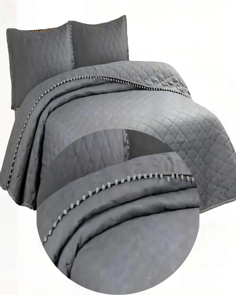 CUBRECAMA 1,5 PLAZA CON DETALLES DE POMPONES COLOR GRIS - 2