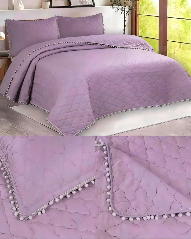 CUBRECAMA 2 PLAZAS CON DETALLES DE POMPONES COLOR MORADO - 4
