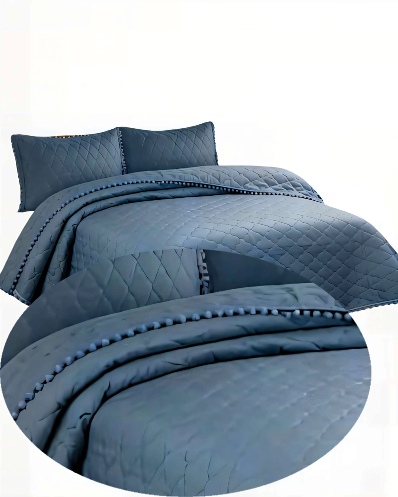 CUBRECAMA KING CON DETALLES DE POMPONES COLOR AZUL - 2