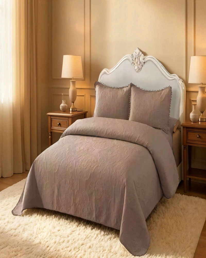 QUILT CUBRECAMA DE VERANO 2 PLAZAS CON POMPON COLOR MARRON - 3