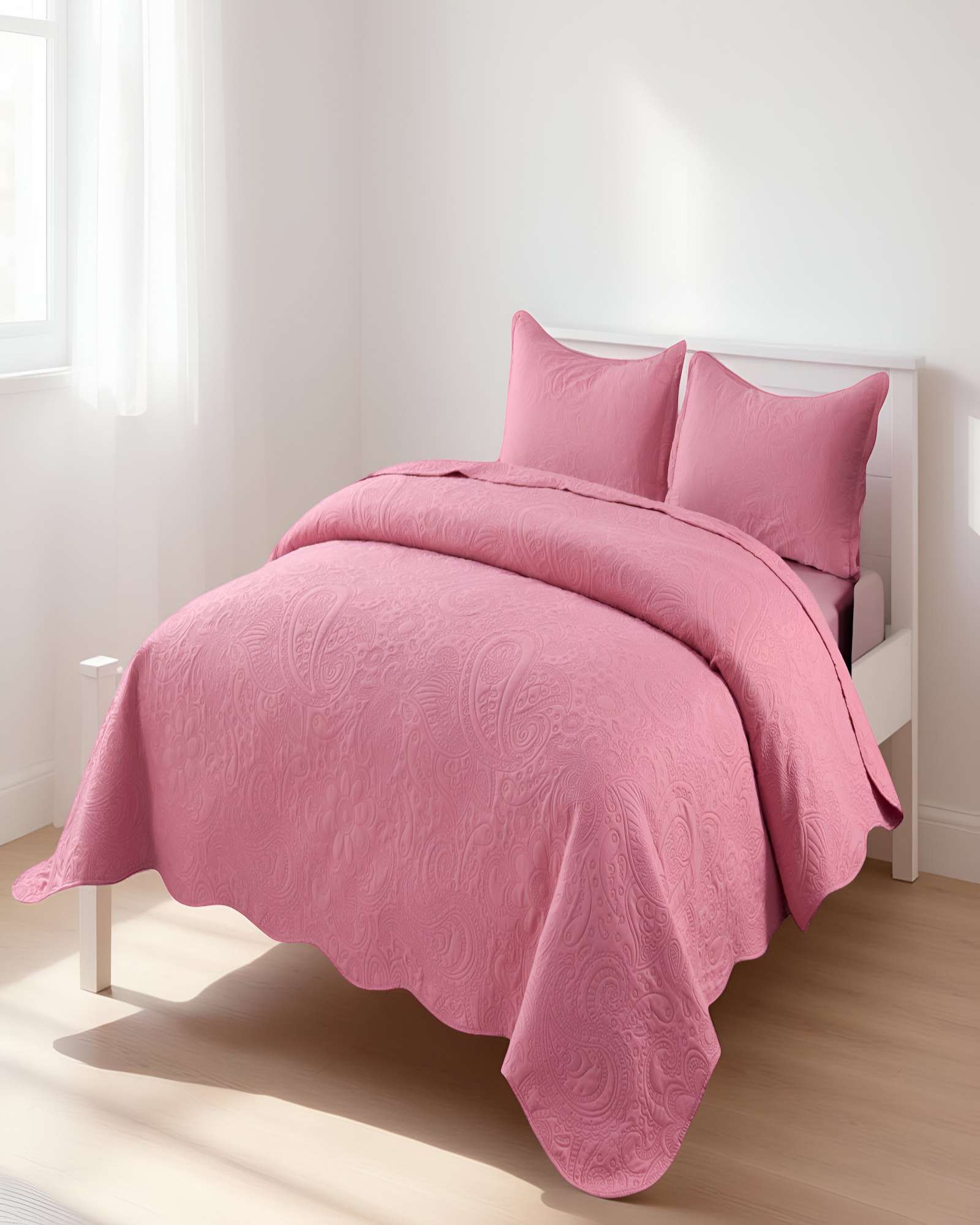 QUILT CUBRECAMA DE VERANO KING CON RELIEVE COLOR ROSADO - 4