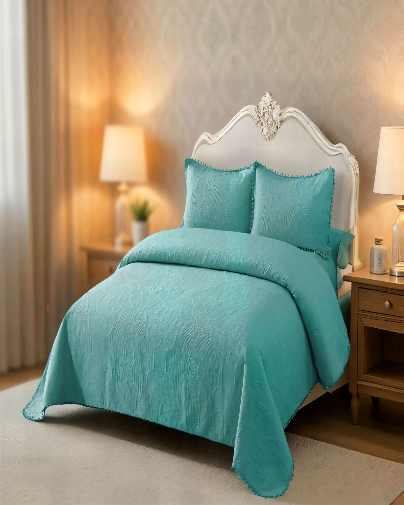 QUILT CUBRECAMA DE VERANO 2 PLAZAS CON POMPON COLOR TURQUESA - 4