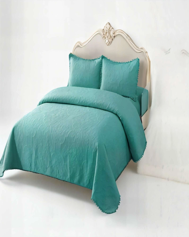 QUILT CUBRECAMA DE VERANO 1,5 PLAZAS CON POMPON COLOR TURQUESA - 3