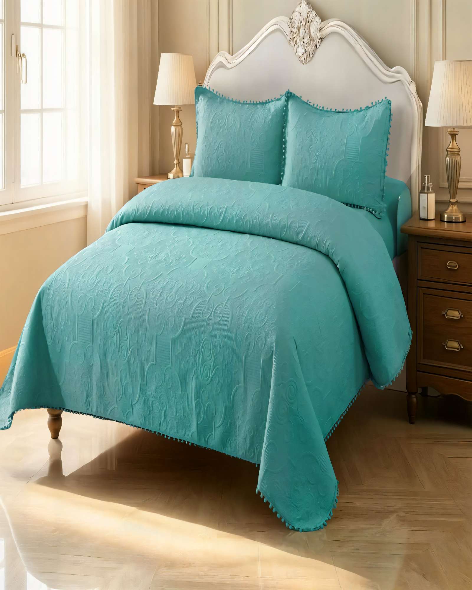 QUILT CUBRECAMA DE VERANO 1,5 PLAZAS CON POMPON COLOR TURQUESA - 4