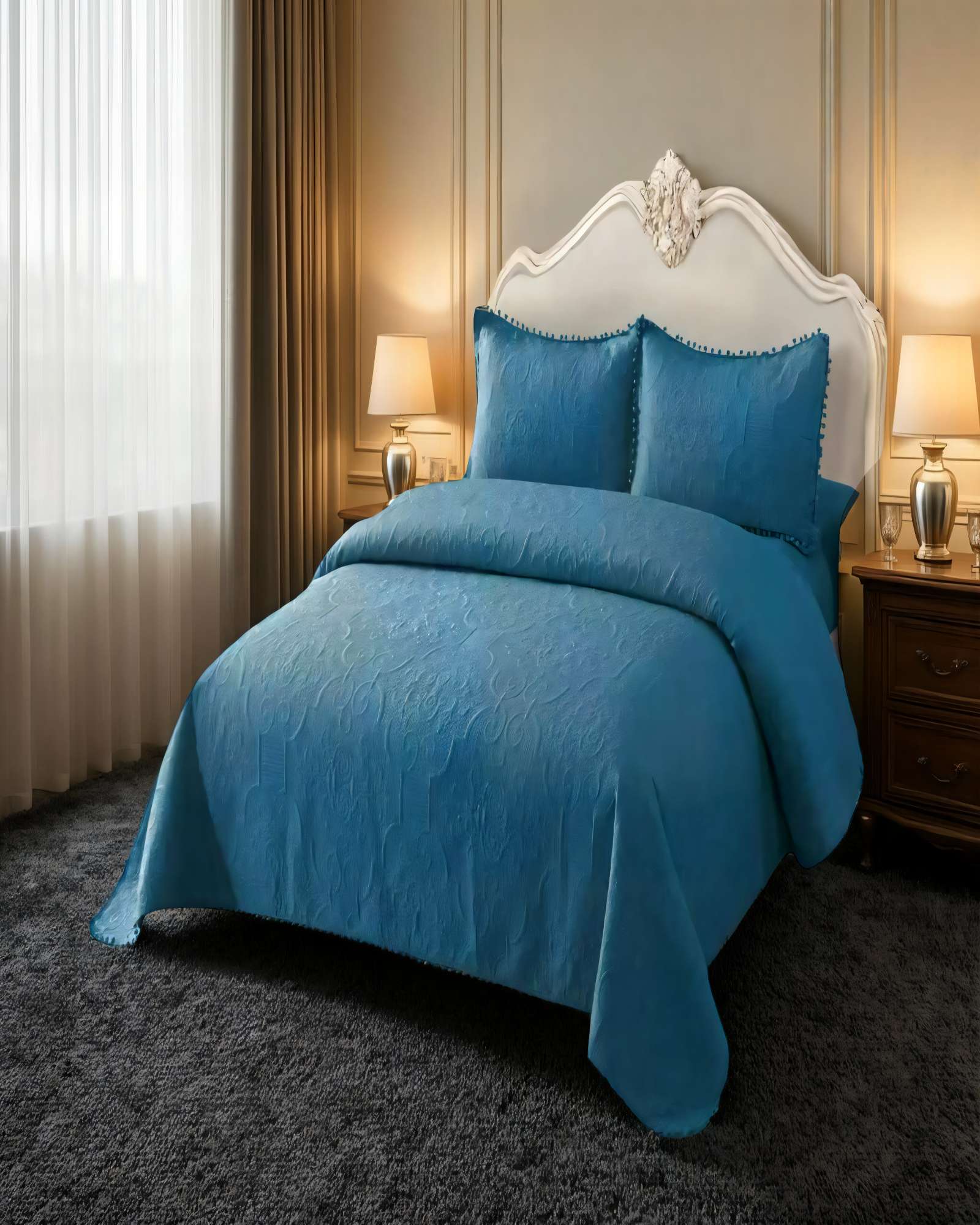 QUILT CUBRECAMA DE VERANO 2 PLAZAS CON POMPON COLOR AZUL - 3