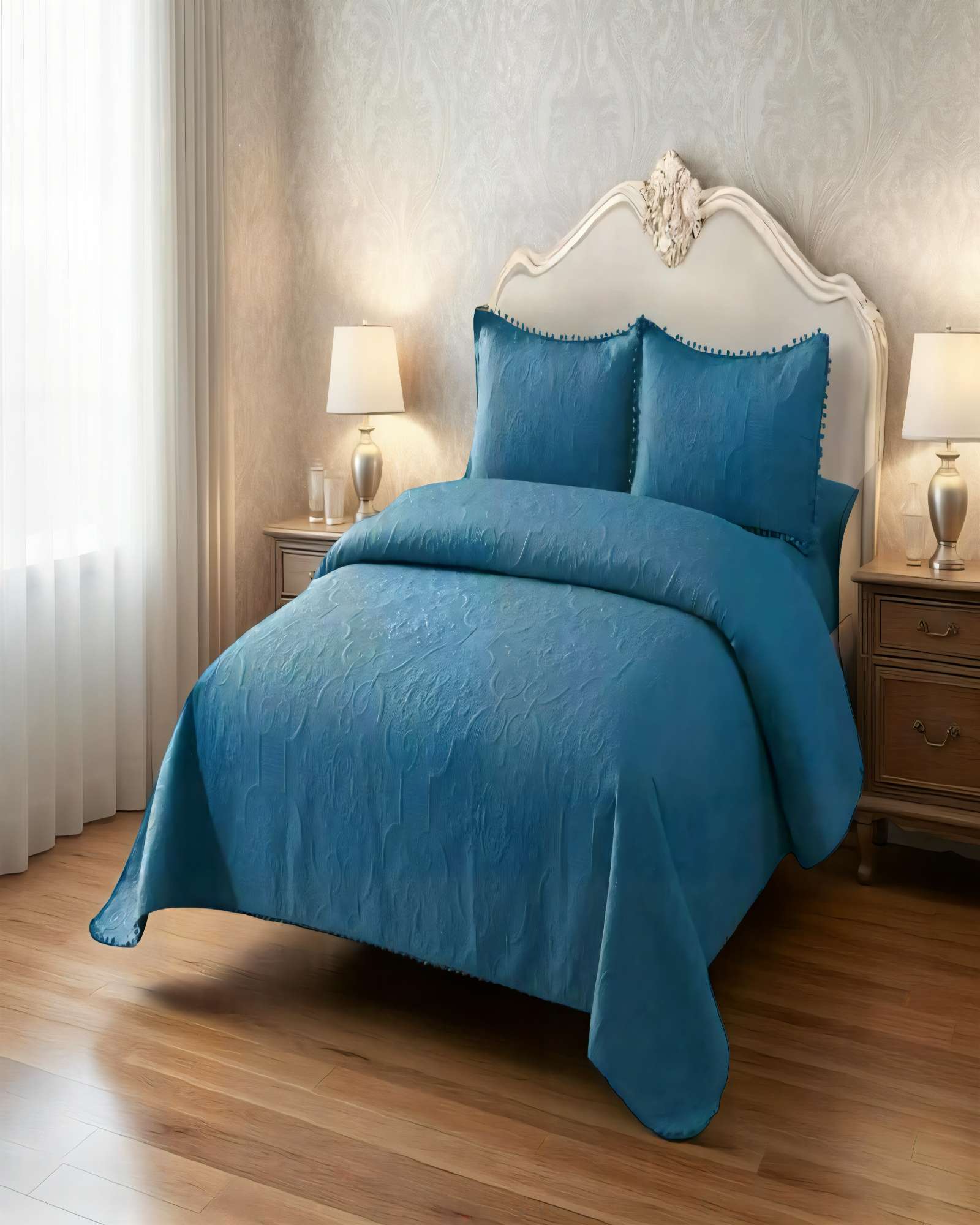 QUILT CUBRECAMA DE VERANO 2 PLAZAS CON POMPON COLOR AZUL - 4
