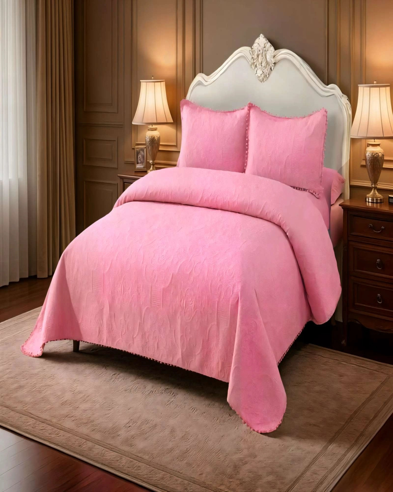 QUILT CUBRECAMA DE VERANO 1,5 PLAZAS CON POMPON COLOR ROSADO - 3