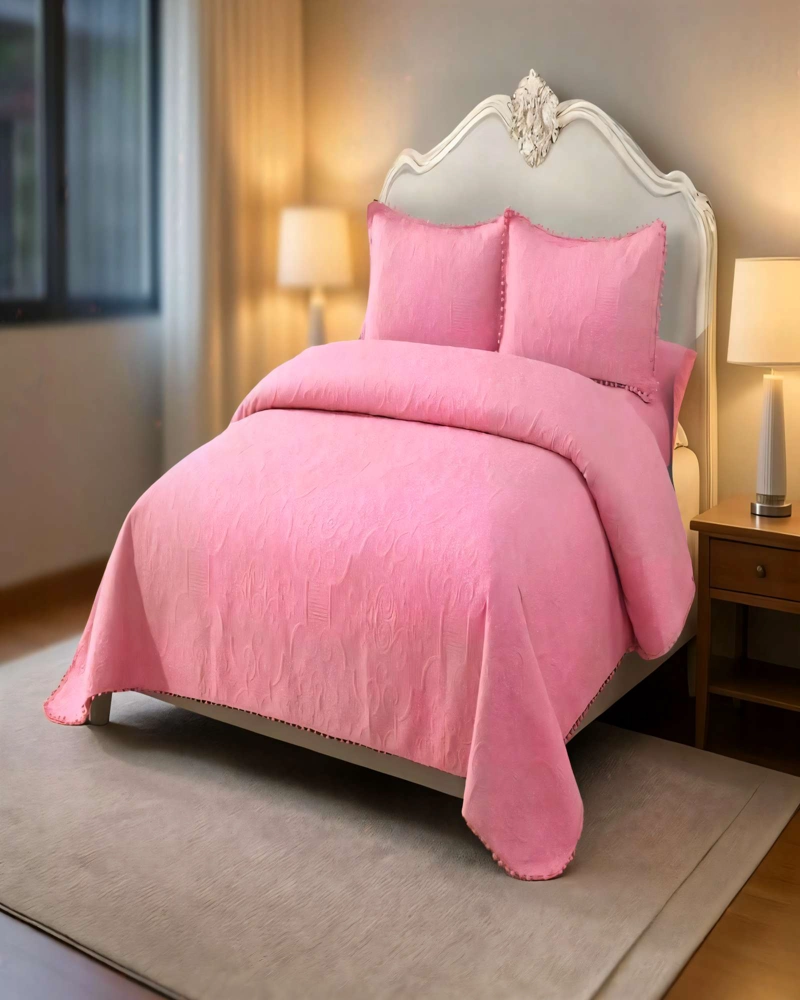 QUILT CUBRECAMA DE VERANO 1,5 PLAZAS CON POMPON COLOR ROSADO - 4