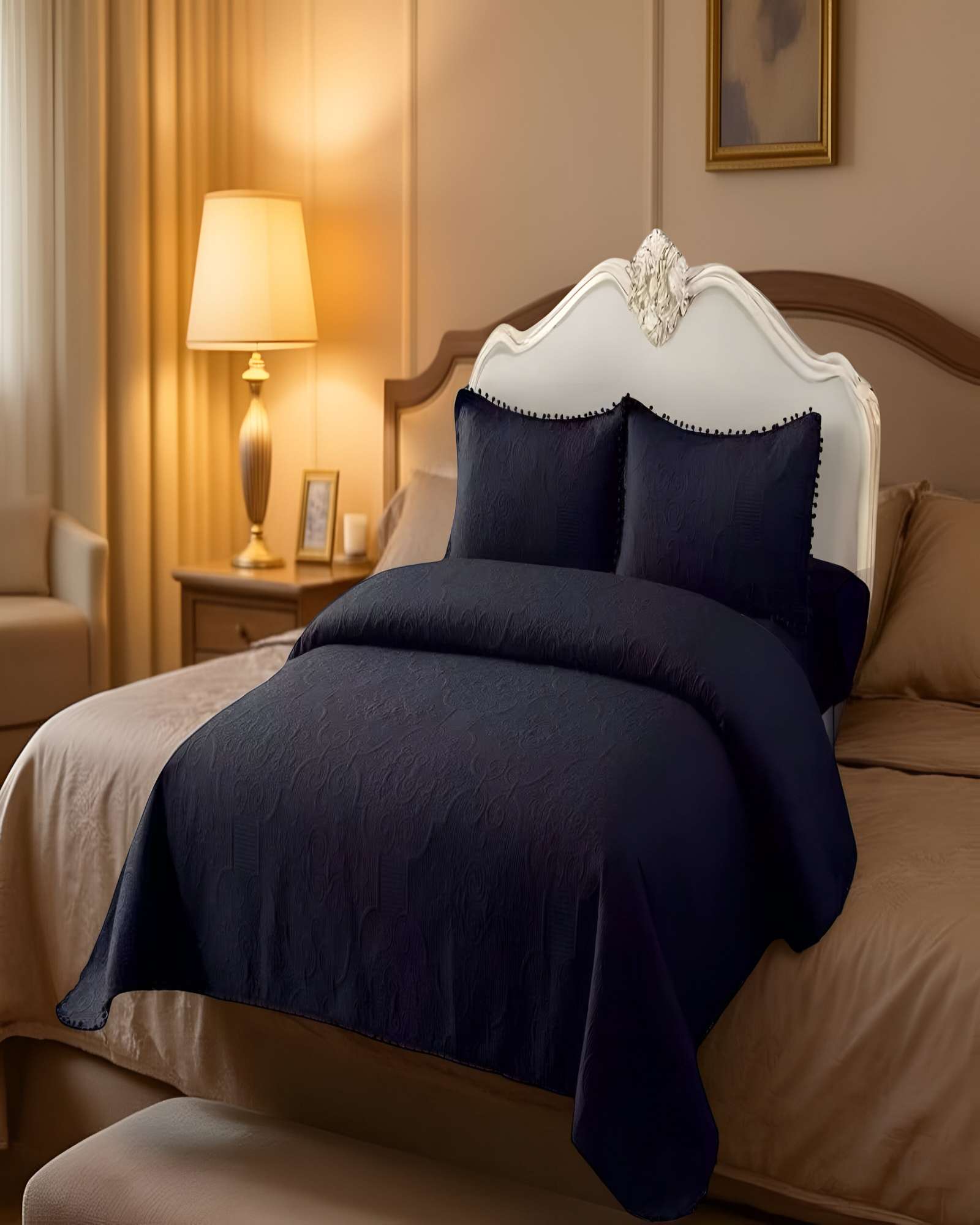 QUILT CUBRECAMA DE VERANO KING CON POMPON COLOR NEGRO - 3