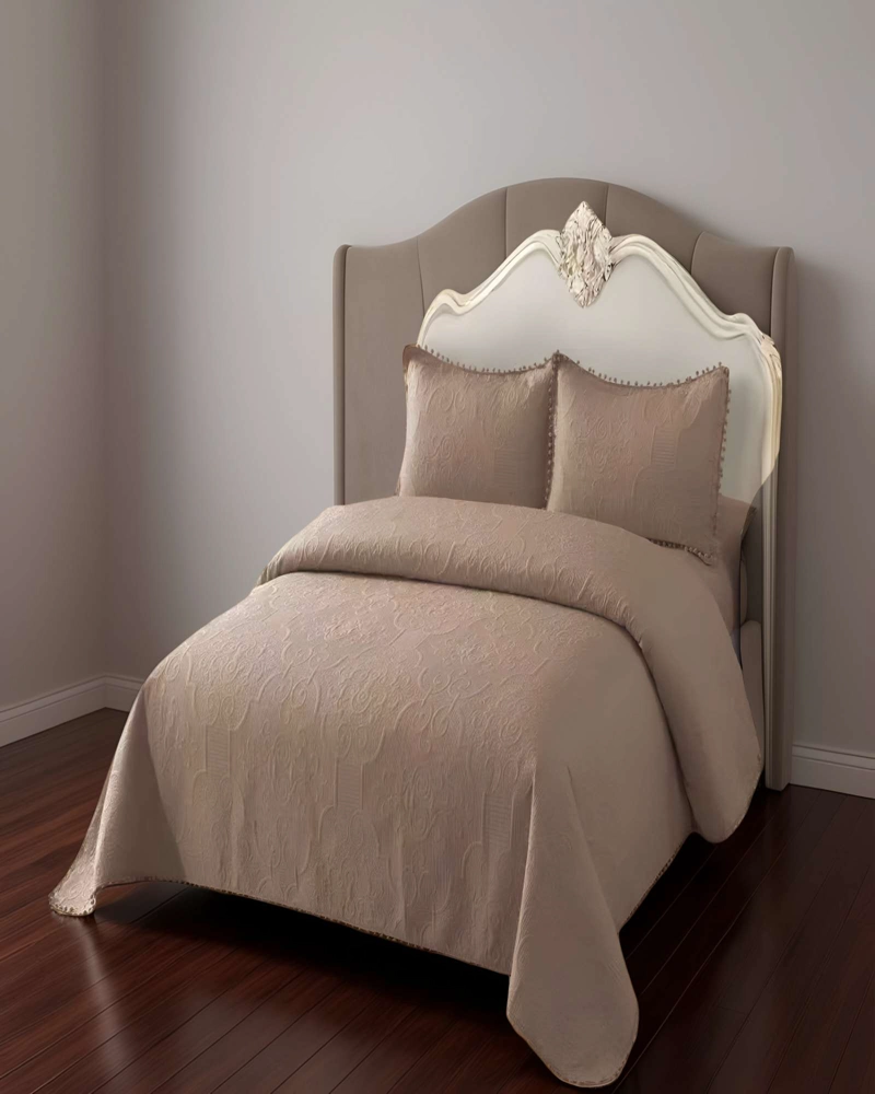 QUILT CUBRECAMA DE VERANO KING CON POMPON COLOR MARRON - 3