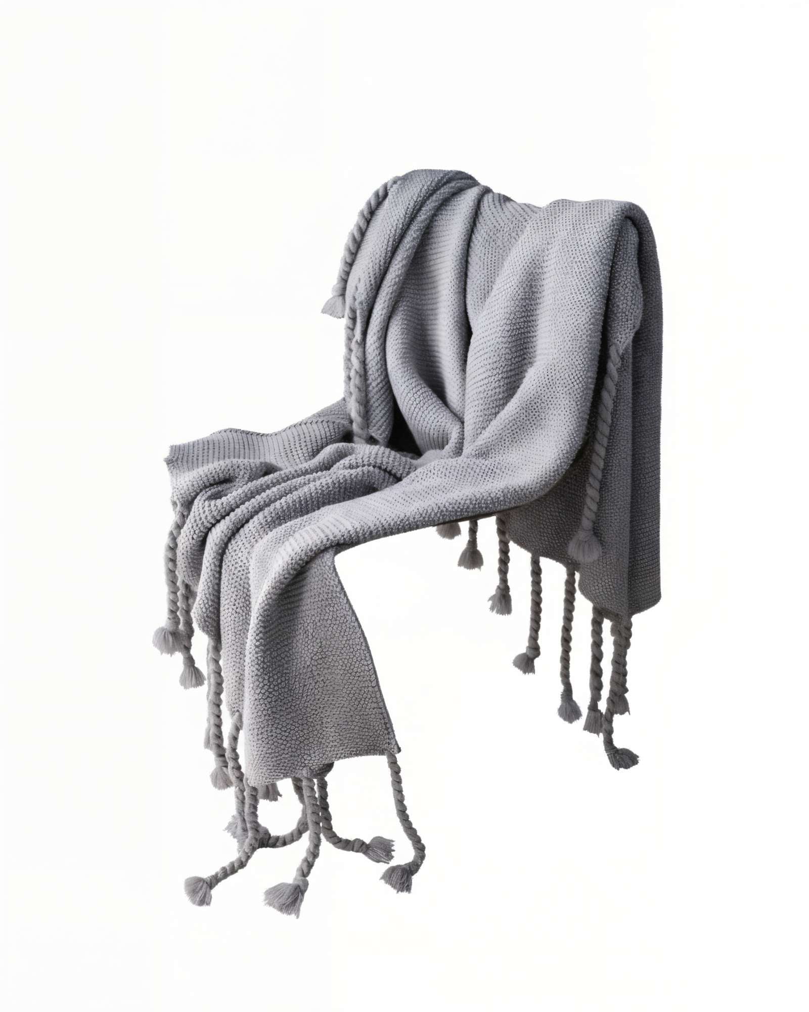 MANTA CON FLECOS DE SOGA TRENZADOS CHENILLE COLOR GRIS - 1