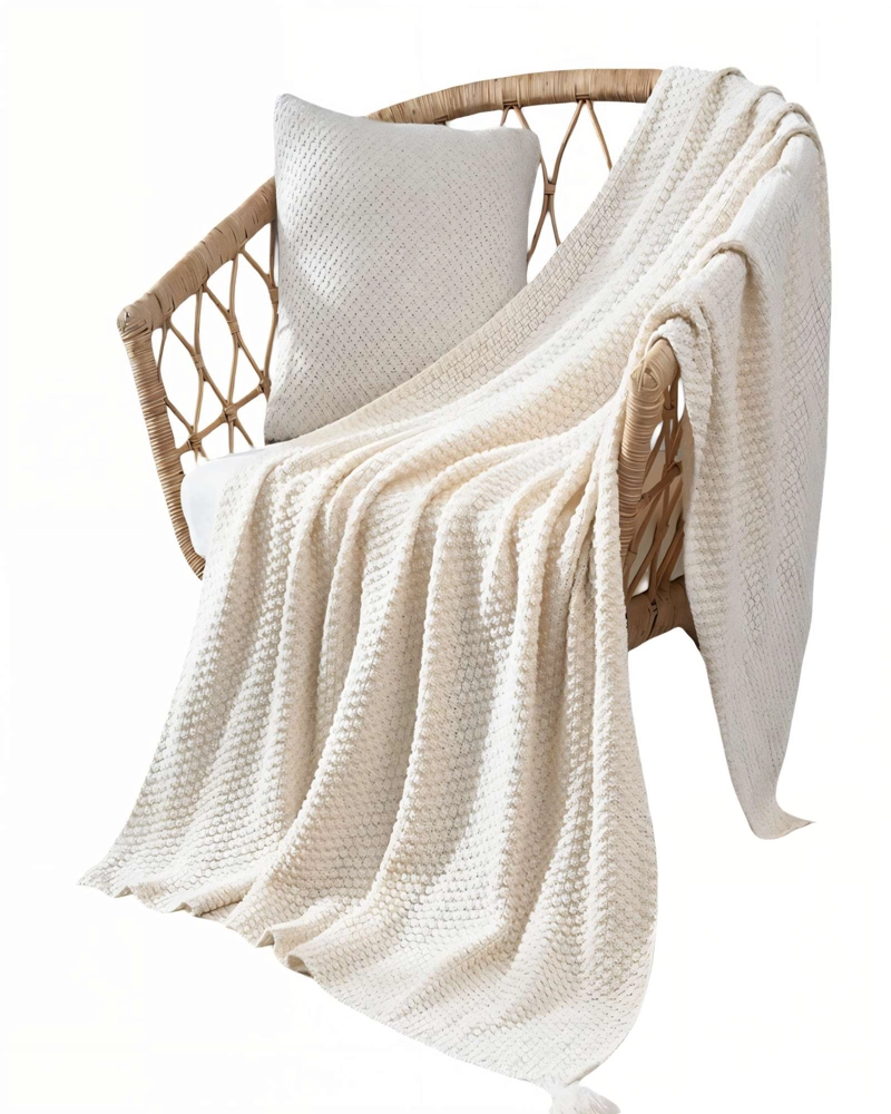 MANTA DE SOFA CON FLECOS DE SOGA 130CMX180CM  COLOR BLANCA - 1
