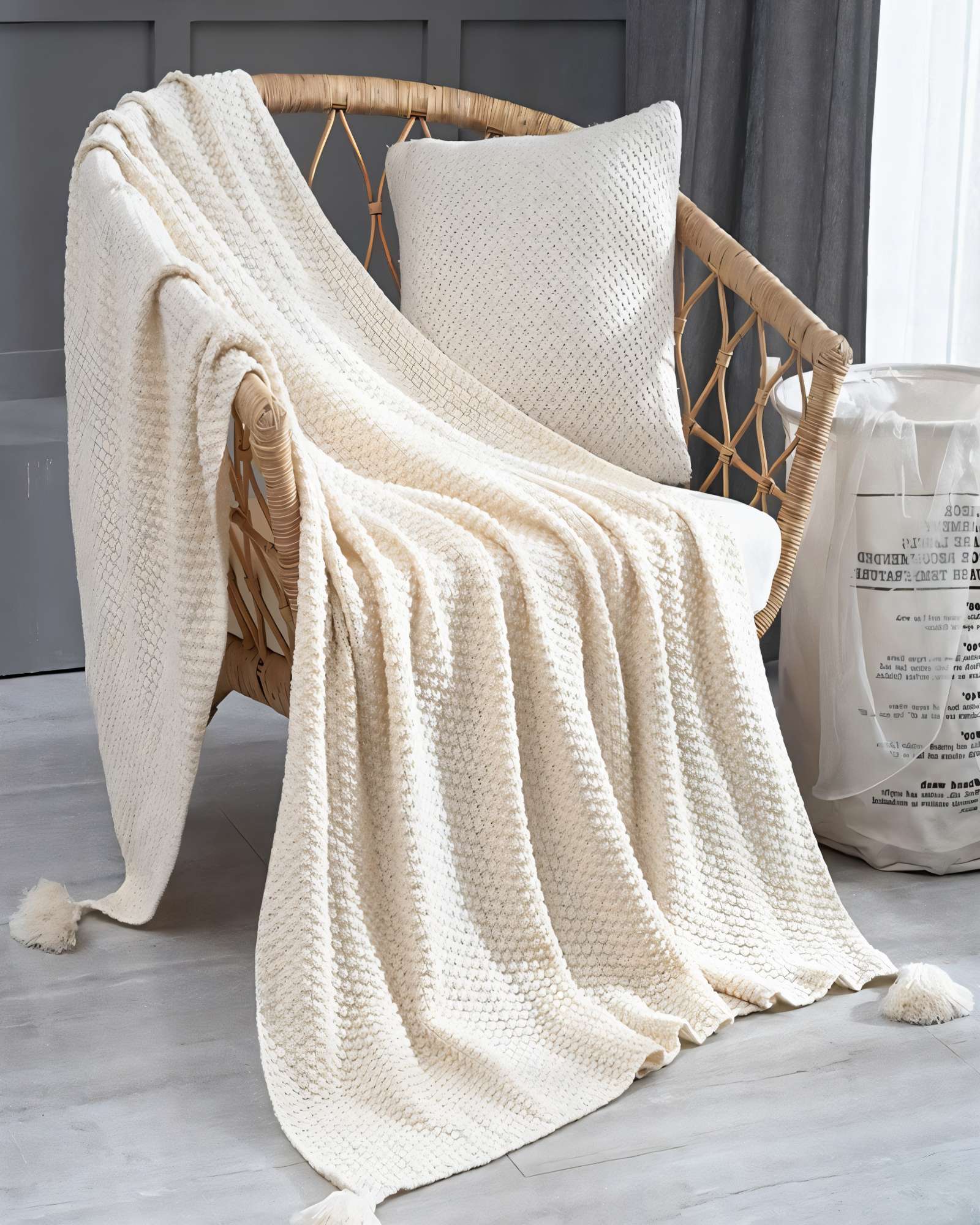 MANTA DE SOFA CON FLECOS DE SOGA 130CMX180CM  COLOR BLANCA - 3