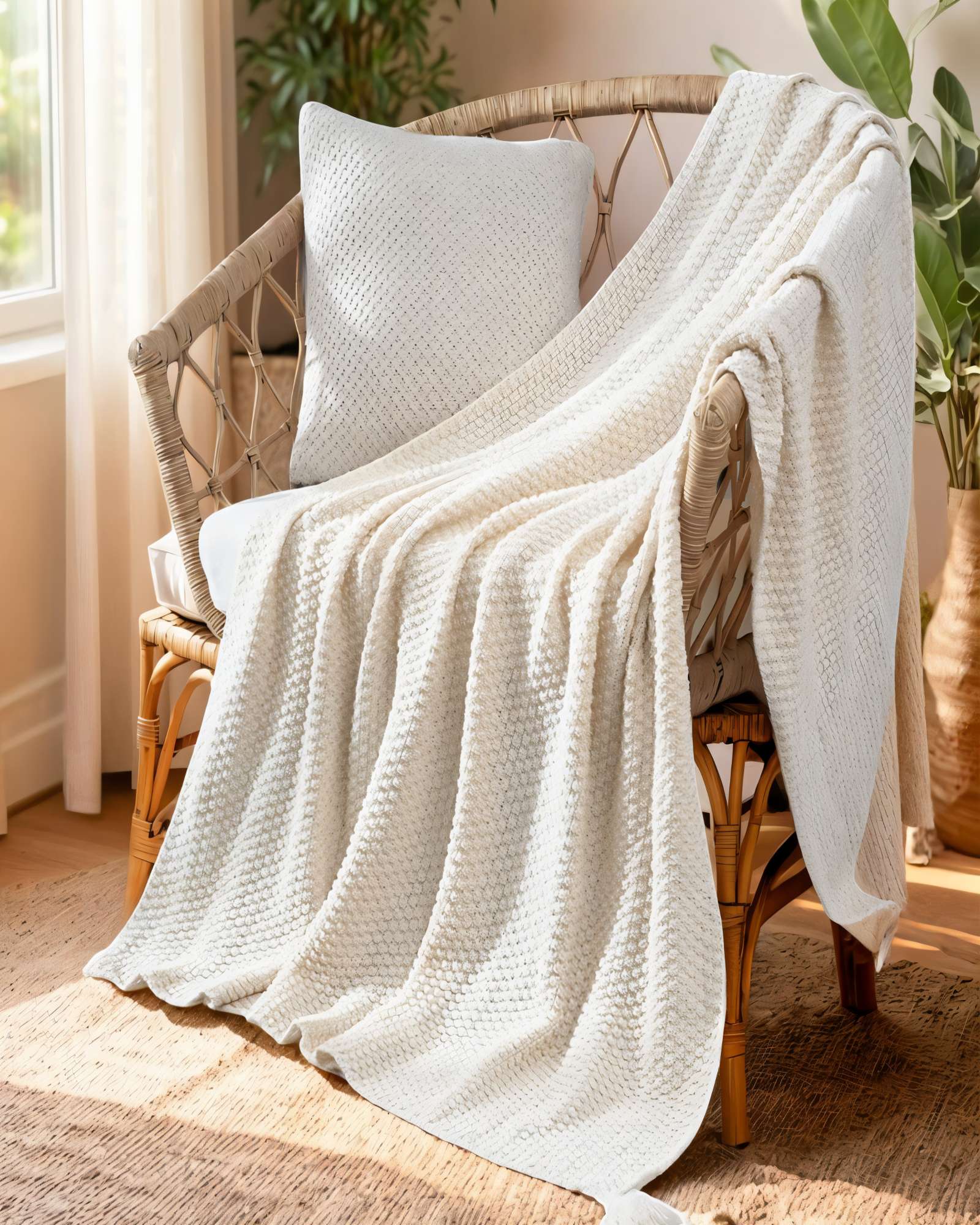 MANTA DE SOFA CON FLECOS DE SOGA 130CMX180CM  COLOR BLANCA - 4