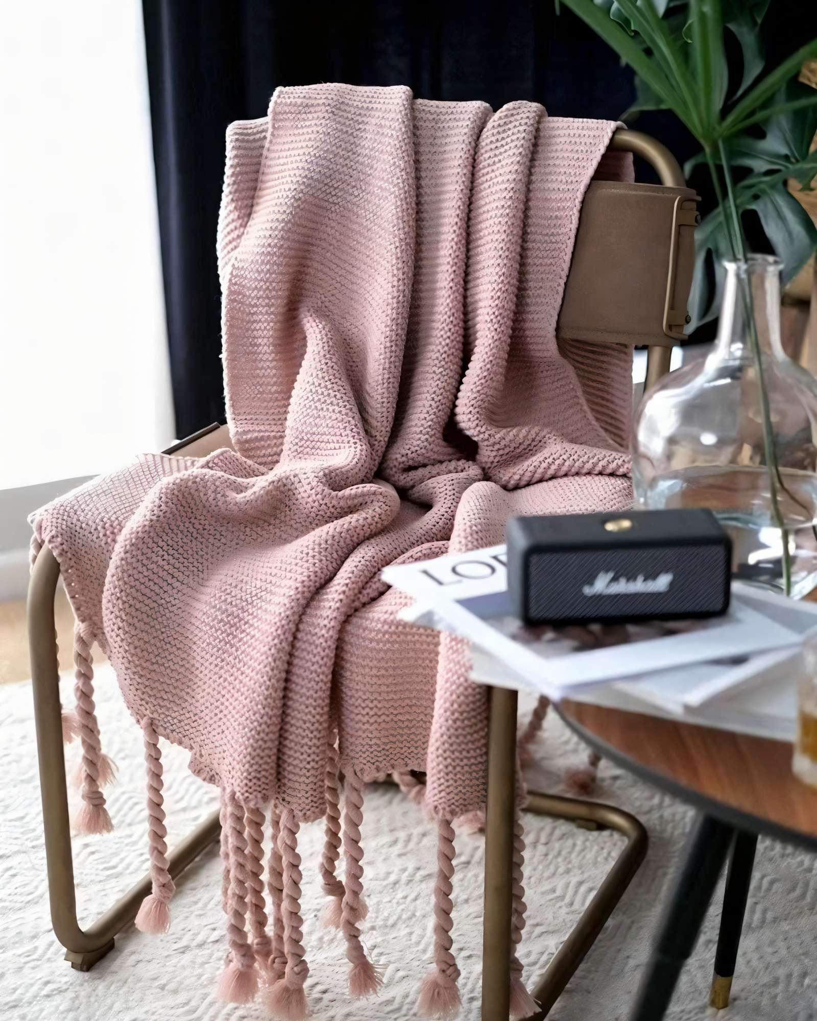 MANTA CON FLECOS DE SOGA TRENZADOS CHENILLE COLOR ROSA - 3