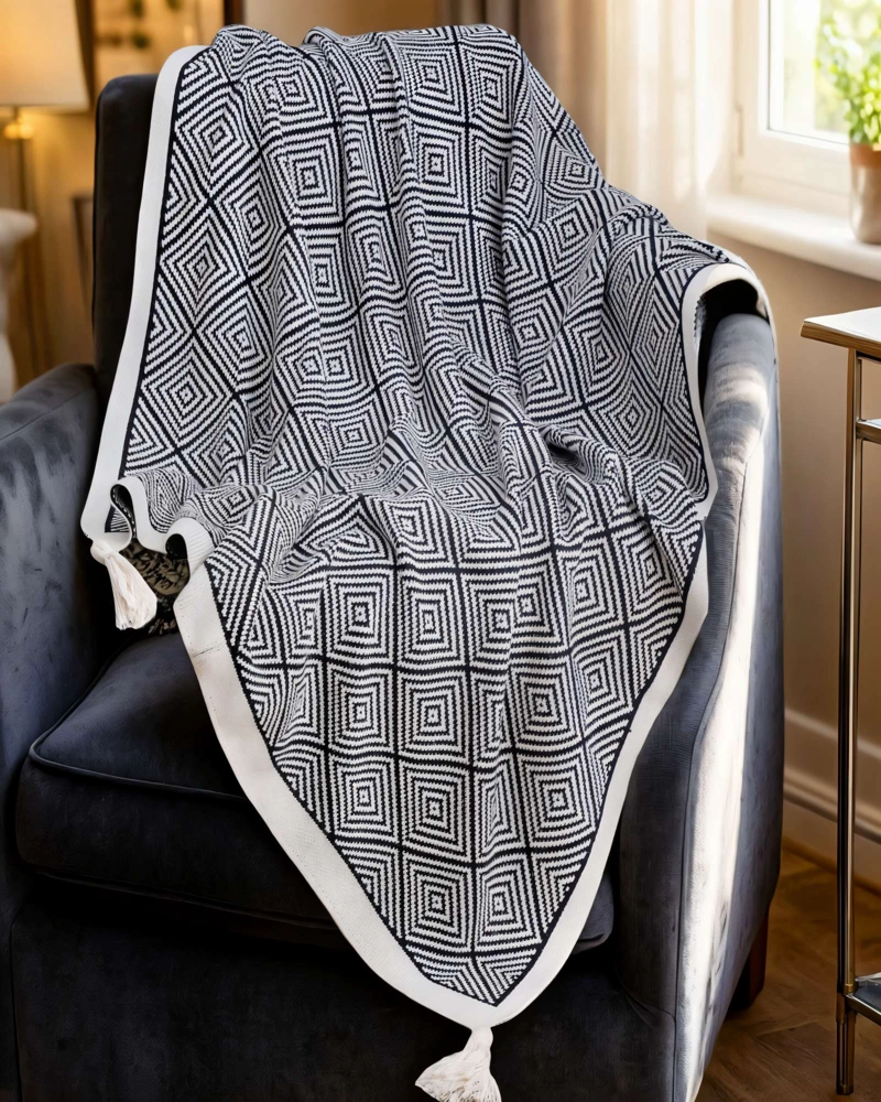 MANTA CON BORLAS DECORATIVA  Y ESTAMPADO GEOMETRICO DE ROMBO COLOR GRIS 2 - 3