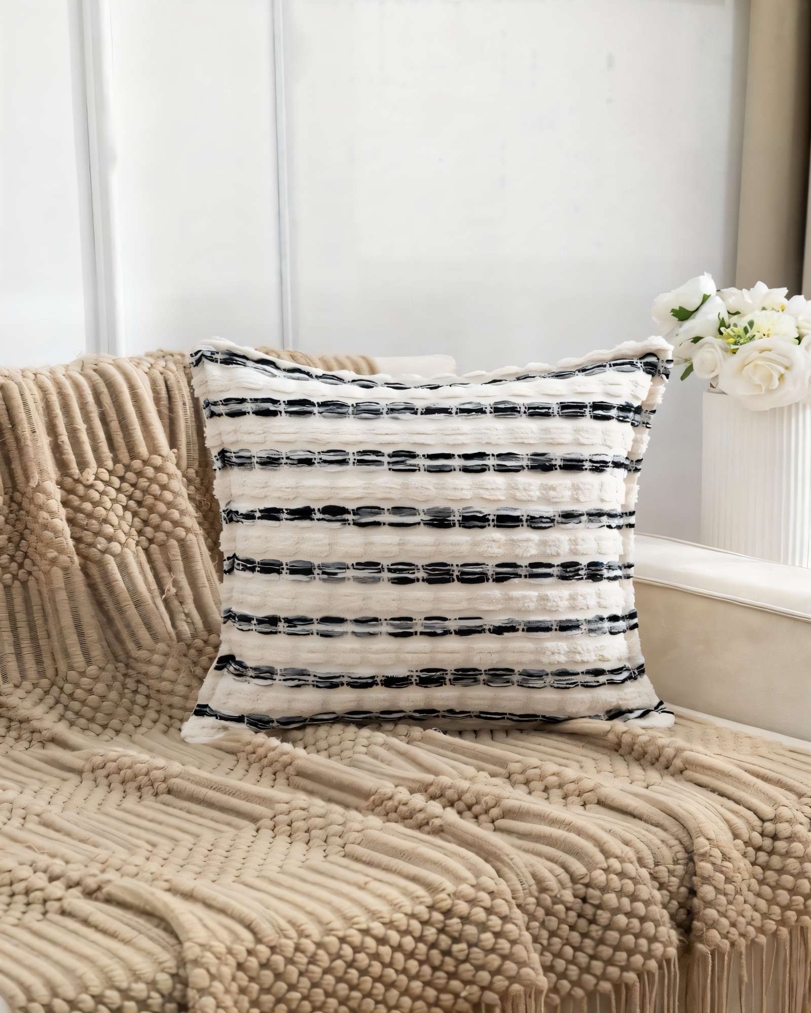 SET DE 2 FUNDAS DE COJIN 45CMX45CM  A RAYAS BEIGE CON NEGRO - 3