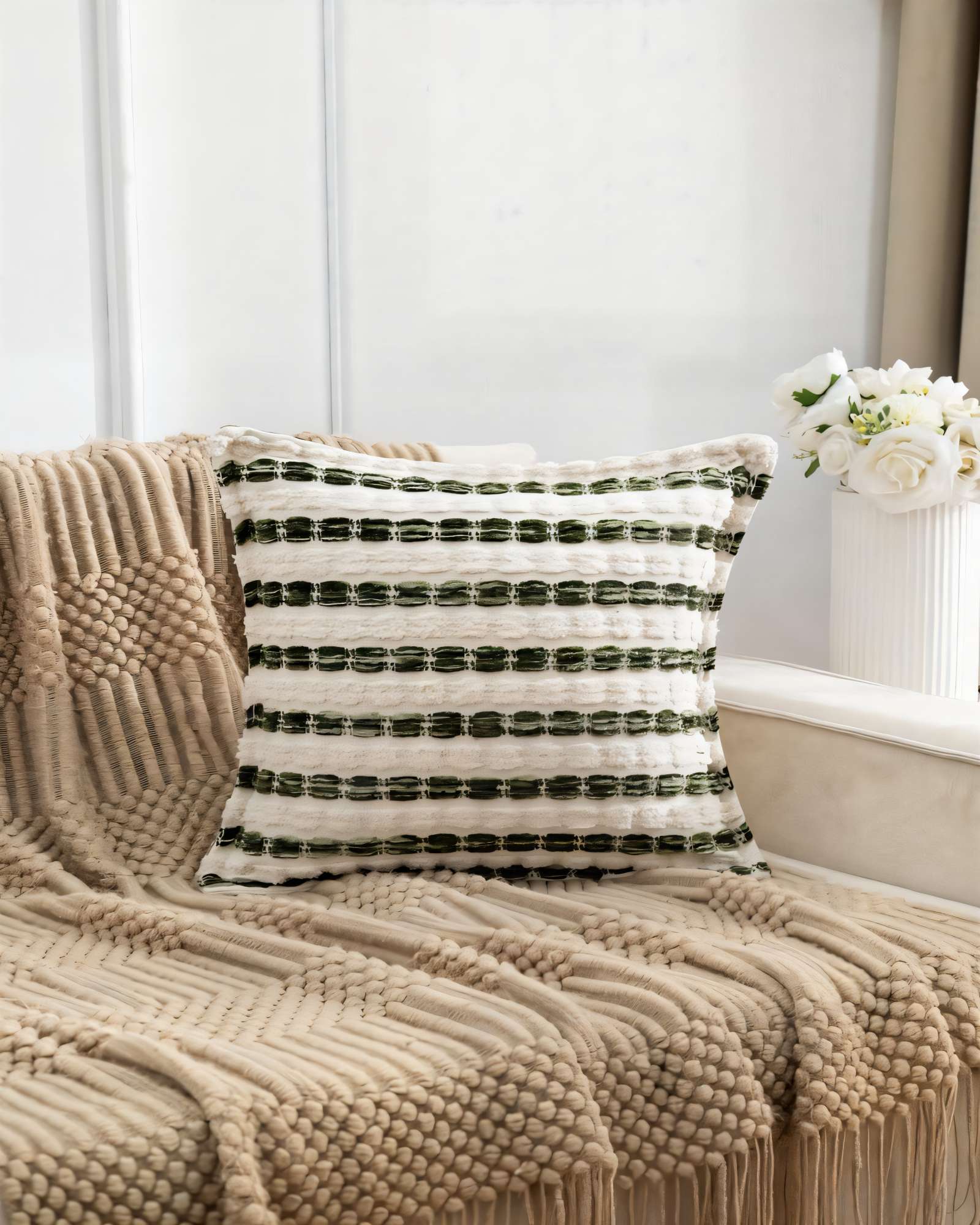 SET DE 4 FUNDAS DE COJIN 45CMX45CM  A RAYAS BEIGE CON VERDE - 3